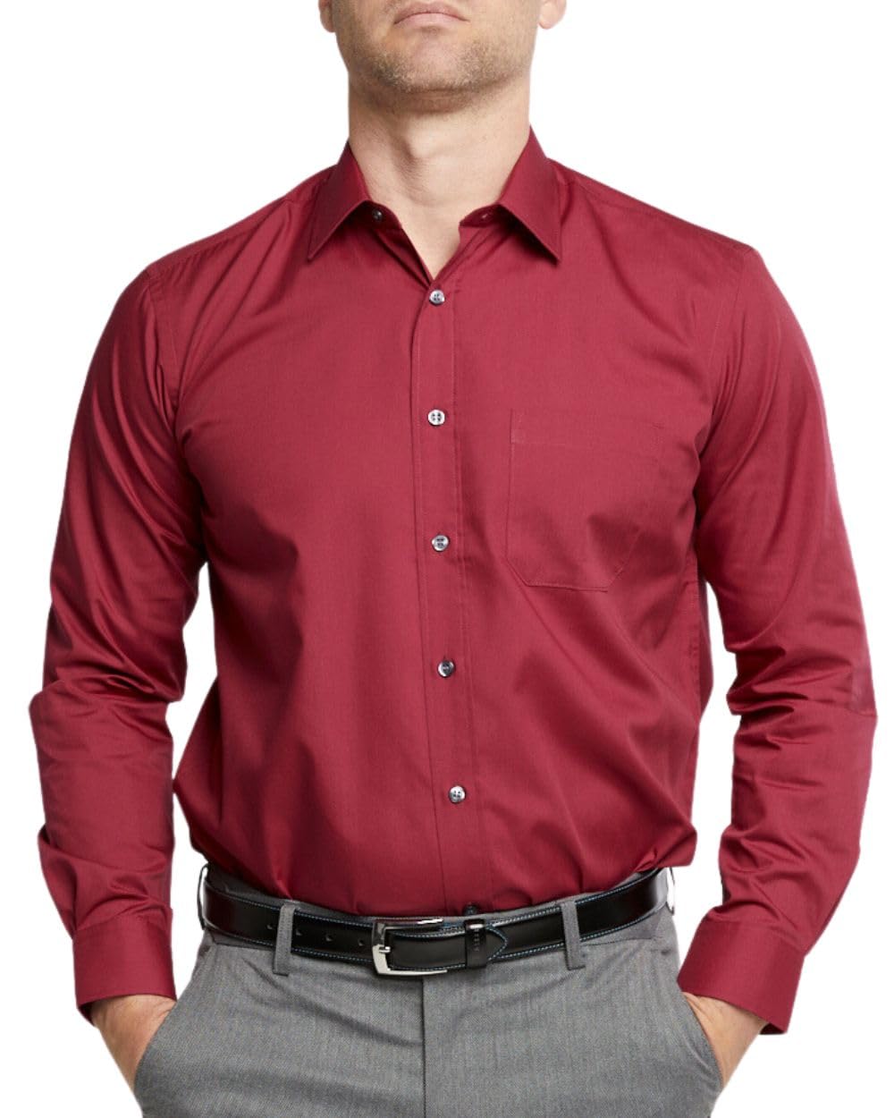 Double Two Men's Burgundy Shirts Long Sleeve Smart Casual Regular Fit Wedding Work Cotton Blend Shirt