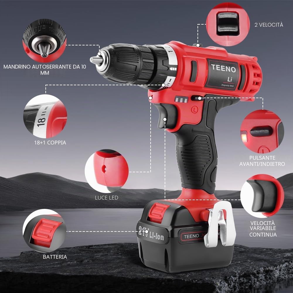 TEENO Trapano avvitatore a batteria 21V, dotato di 2 batterie da 1,5Ah, coppia di 35Nm, regolazione 18+1 livelli, 2 velocità, luce LED, ideale per progetti di bricolage