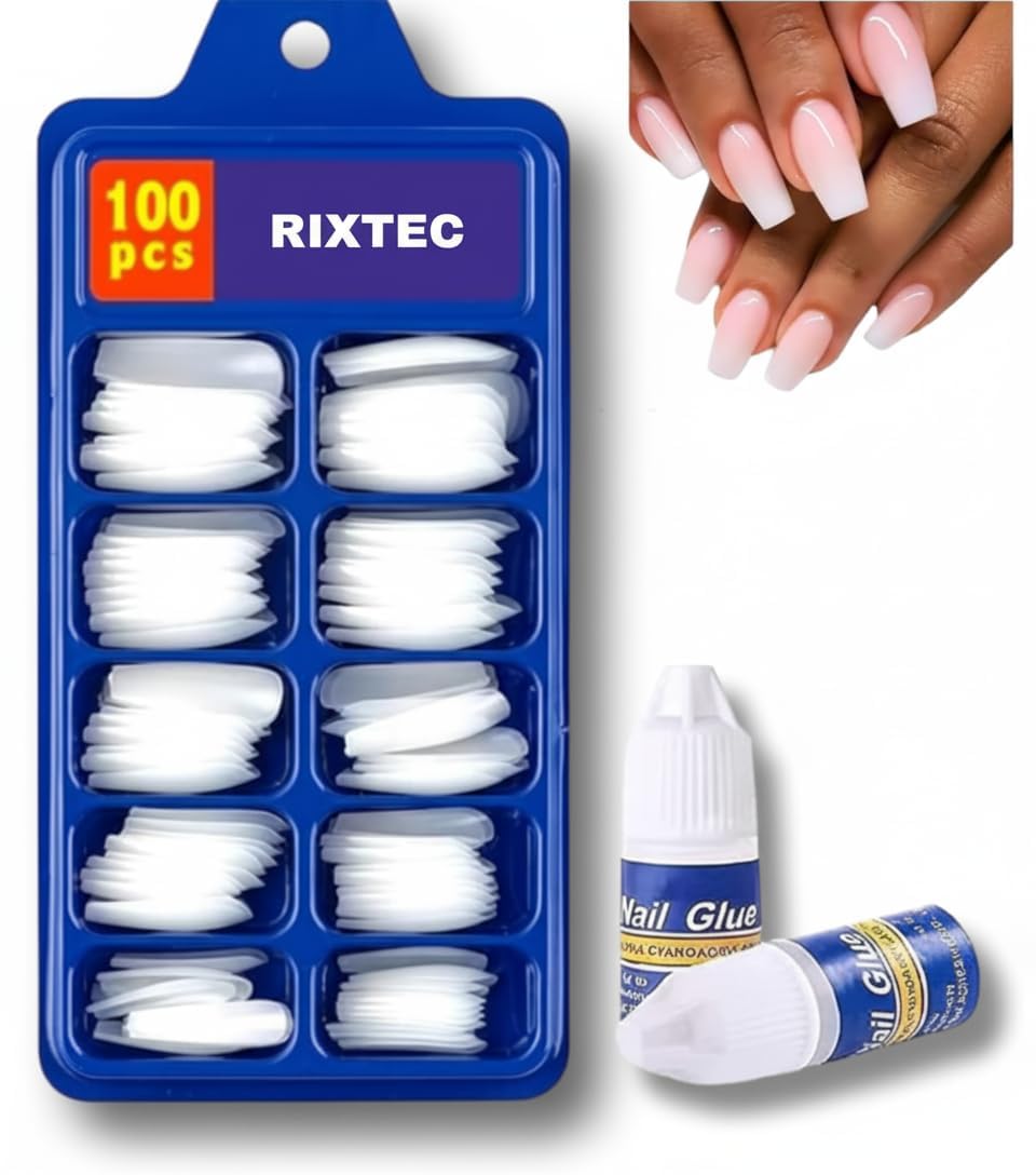 RIXTEC Professional 100-Piece Artificial Nails Set - 100 White nail with 1 Nail Glue Combo - Nail Salon Quality