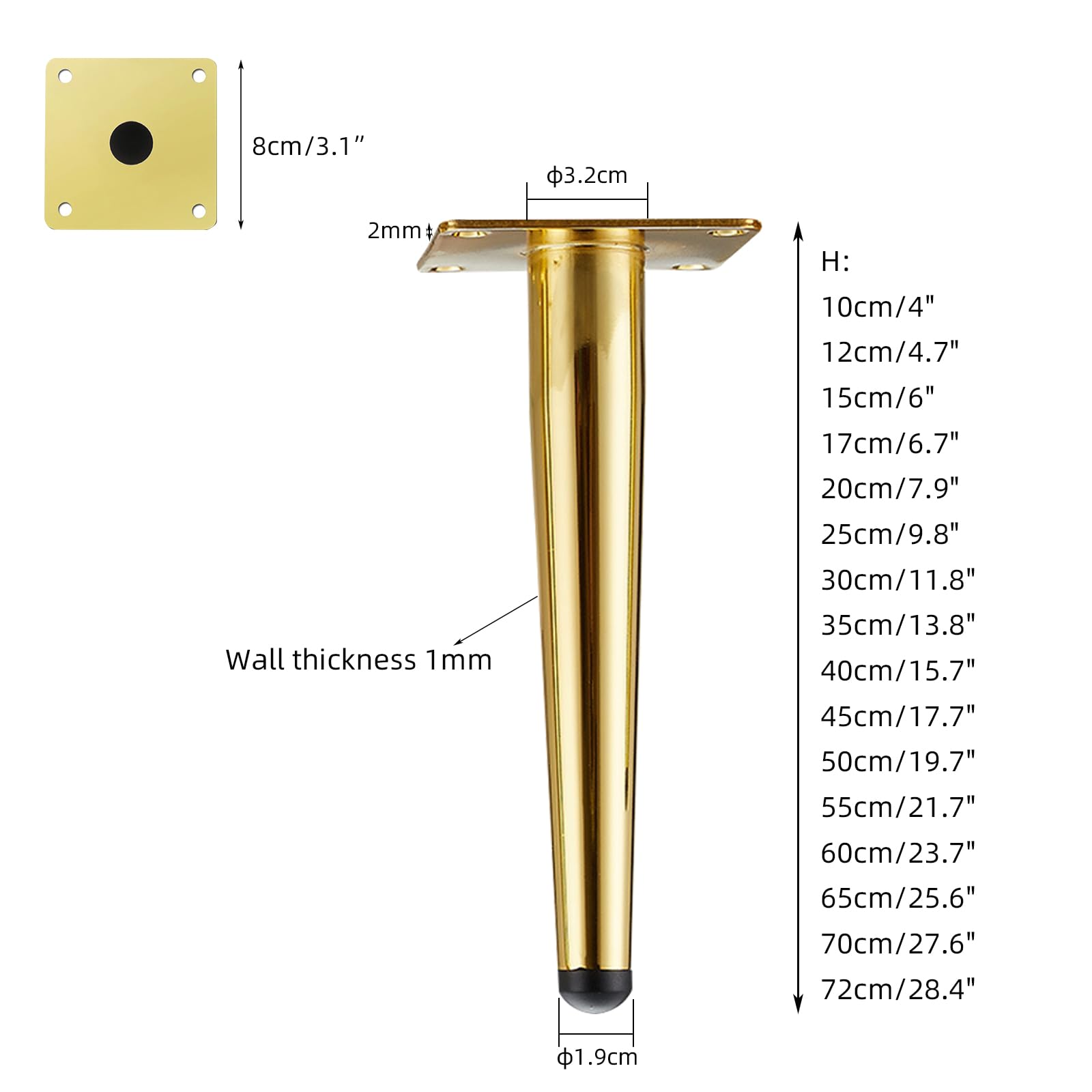 Generico Gambe per Mobili Supporto 4 Pezzi Piedini per Tavolo in Acciaio Laminato A Freddo Dorato Superficie Galvanica Piedini per Divano Altezza: 10-72 cm Piedini per Mobile 50 cm/19,7"