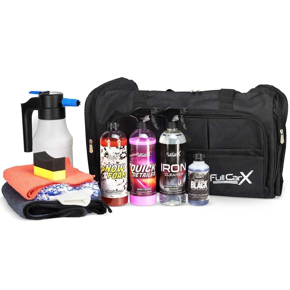 AutoFullCar FullCarX Kit Lavanderia Auto Completo con Foamer Elettrico, Decontaminante Ferrico, Shampoo PH Neutro, Cera Rapida, Total Black, Asciugamano Asciugatura XXL, Guanto e Borsa Detailing Bag