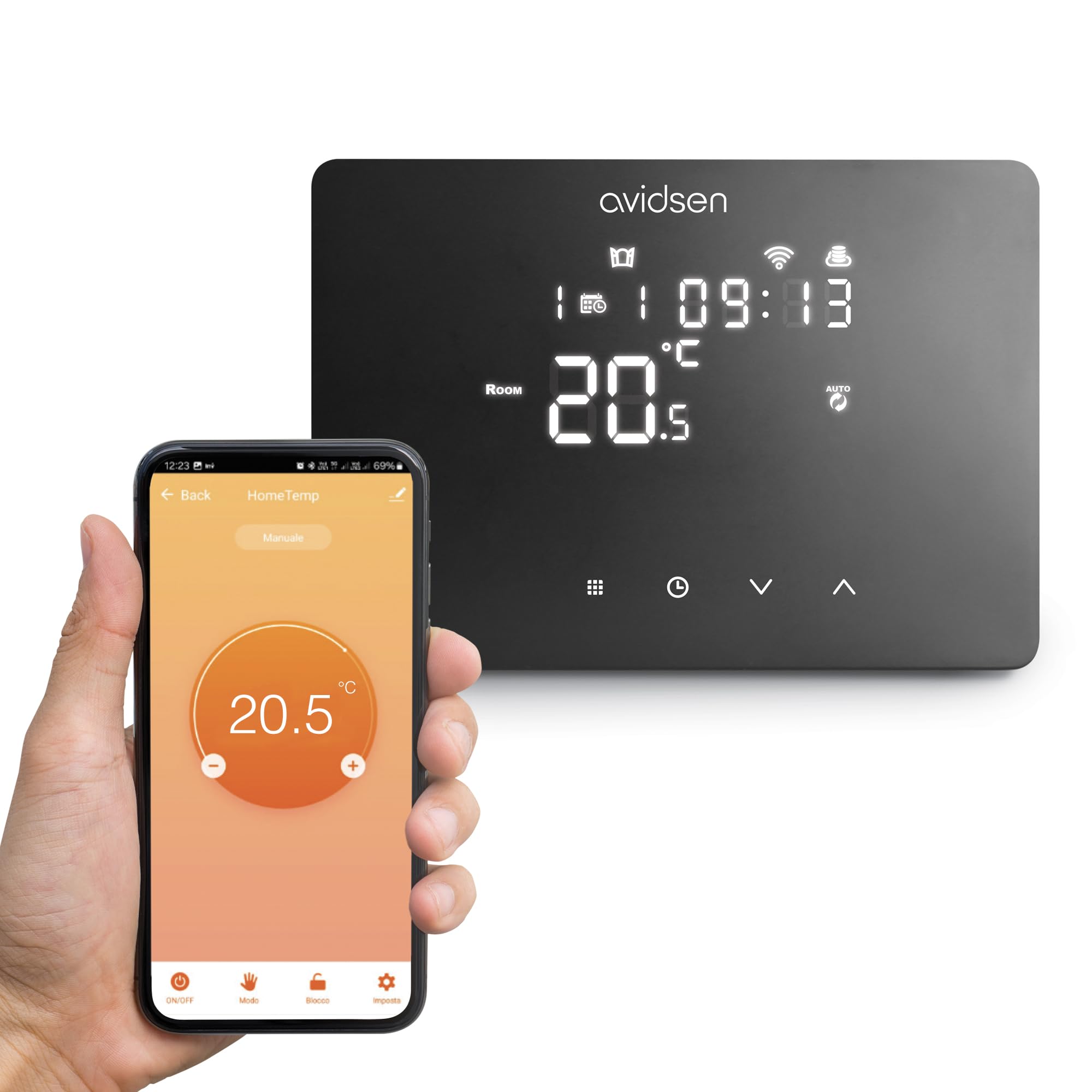 Avidsen WLAN‑Raumthermostat Schwarz für Heizkessel, App‑Steuerung | Schwarz | 230 V | potentialfreier Kontakt | 2,4 GHz WLAN | Wochenprogramm | 0,5 °C | Frostschutz | Touchdisplay