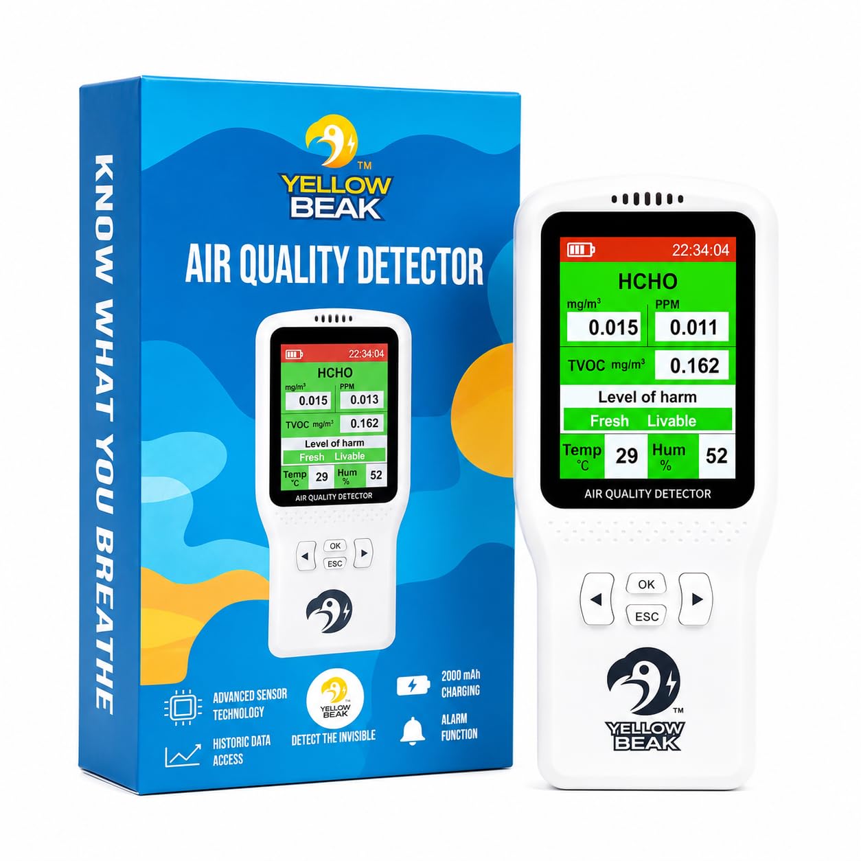yellow beak 12-in-1 portable air quality monitor – co₂ / co/hcho detector with tvoc sensor, indoor temperature & humidity meter, travel co detector, smart air quality tester for home, office