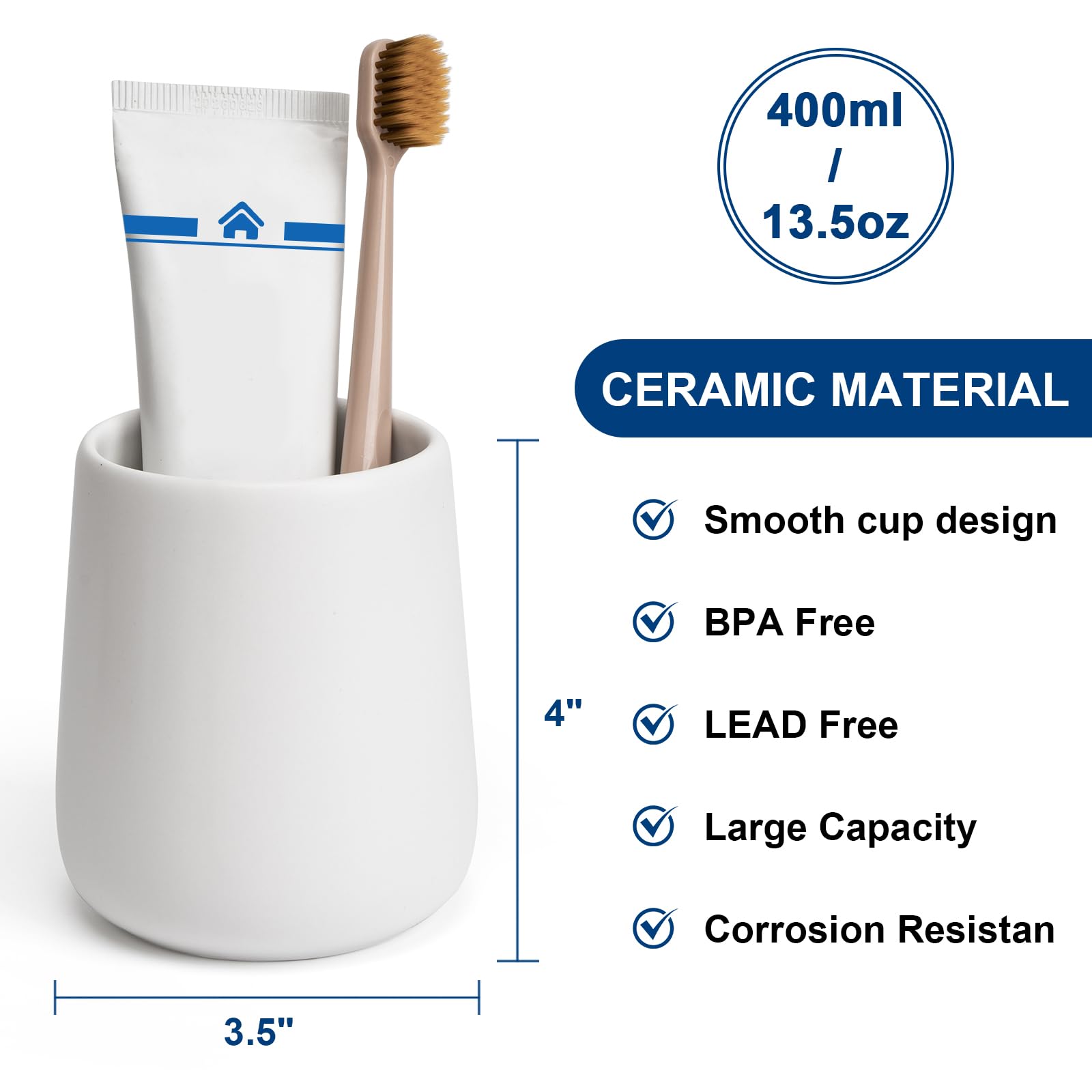 Vaso de cerámica para baño, 2 unidades, 15 onzas, reutilizable, irrompible, 450 ml, soporte para cepillo de dientes adecuado para tu baño (blanco)