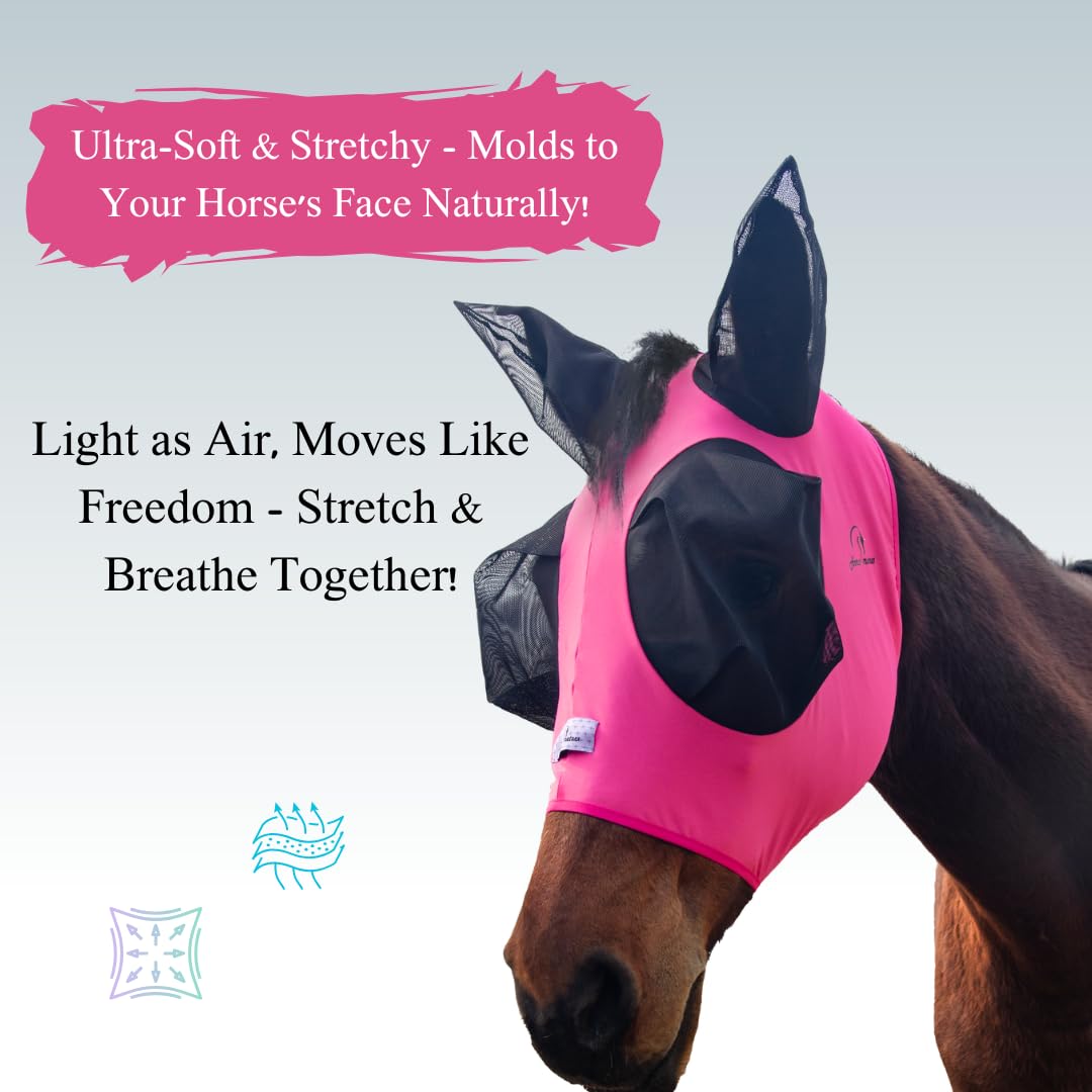 Dehnbare Pferdefliegenmaske mit extra großer Augen- und Mähnenöffnung - weiche, atmungsaktive Fliegenmaske für Pferde, verwicklungsfreies Design, verbesserte Sichtbarkeit (Fuchsia, Cob
