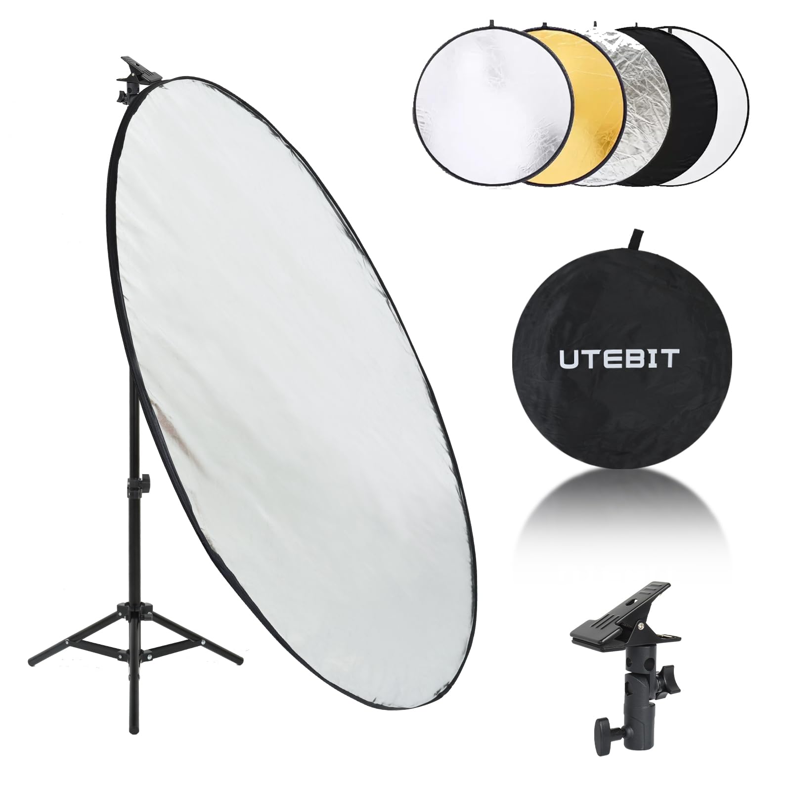 UTEBIT 31 Inch (80cm) Light Reflector Stand Kit Diffuser 5 in 1 Collapsible Multi Disc with Bag, 48 Inch Light Stand, Photography Reflector