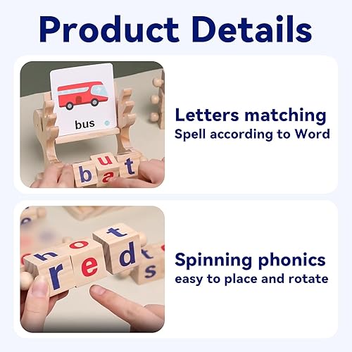 Miniatura 6 de Bloques de lectura de madera, juguetes Montessori para girar, vocal corta, juguete giratorio de letras a juego para niños, juguete de ortografía de