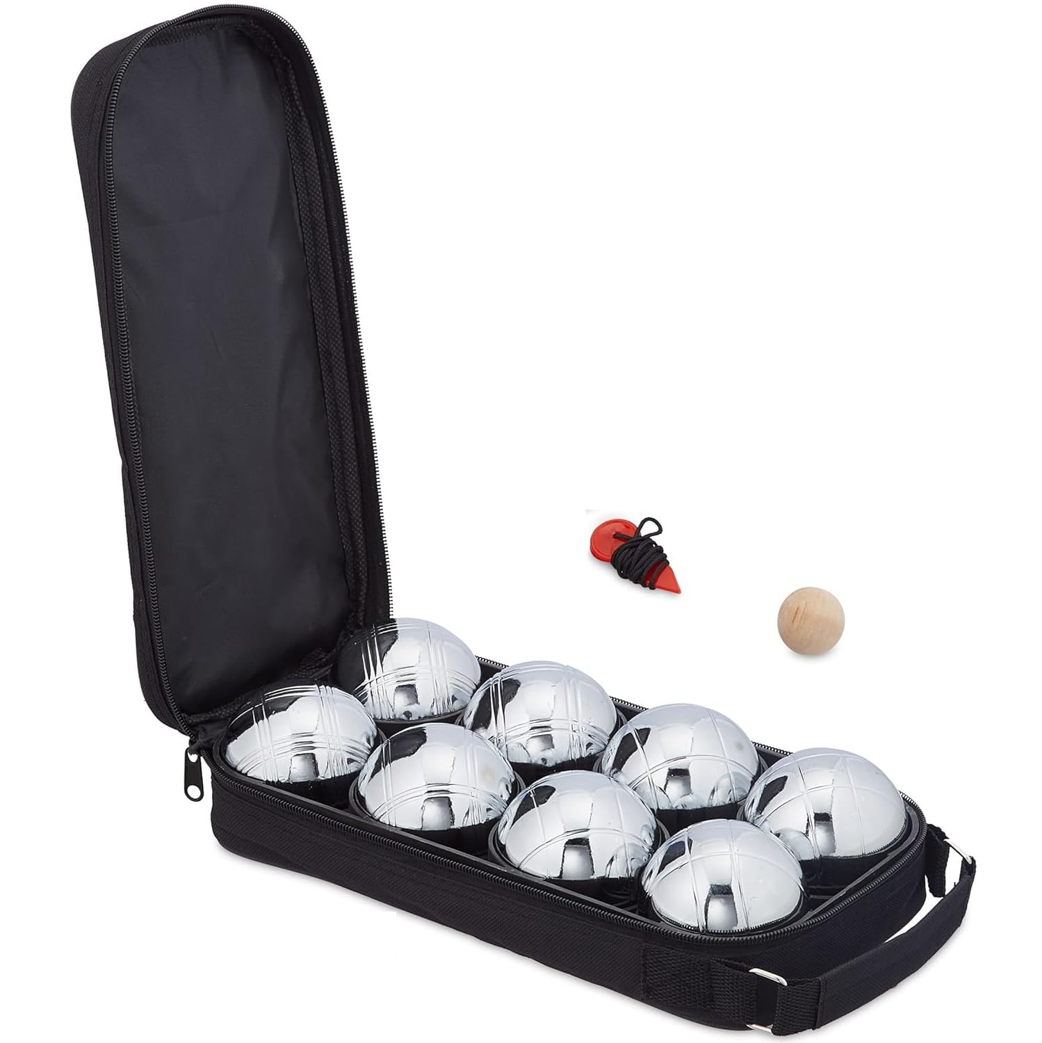 Petanca de 8 Bolas metalicas, set con bola de Tiro y Medidor de Distancia, Bolsa para transporte, 70% acero 30% Nylon, diametro 7 cm