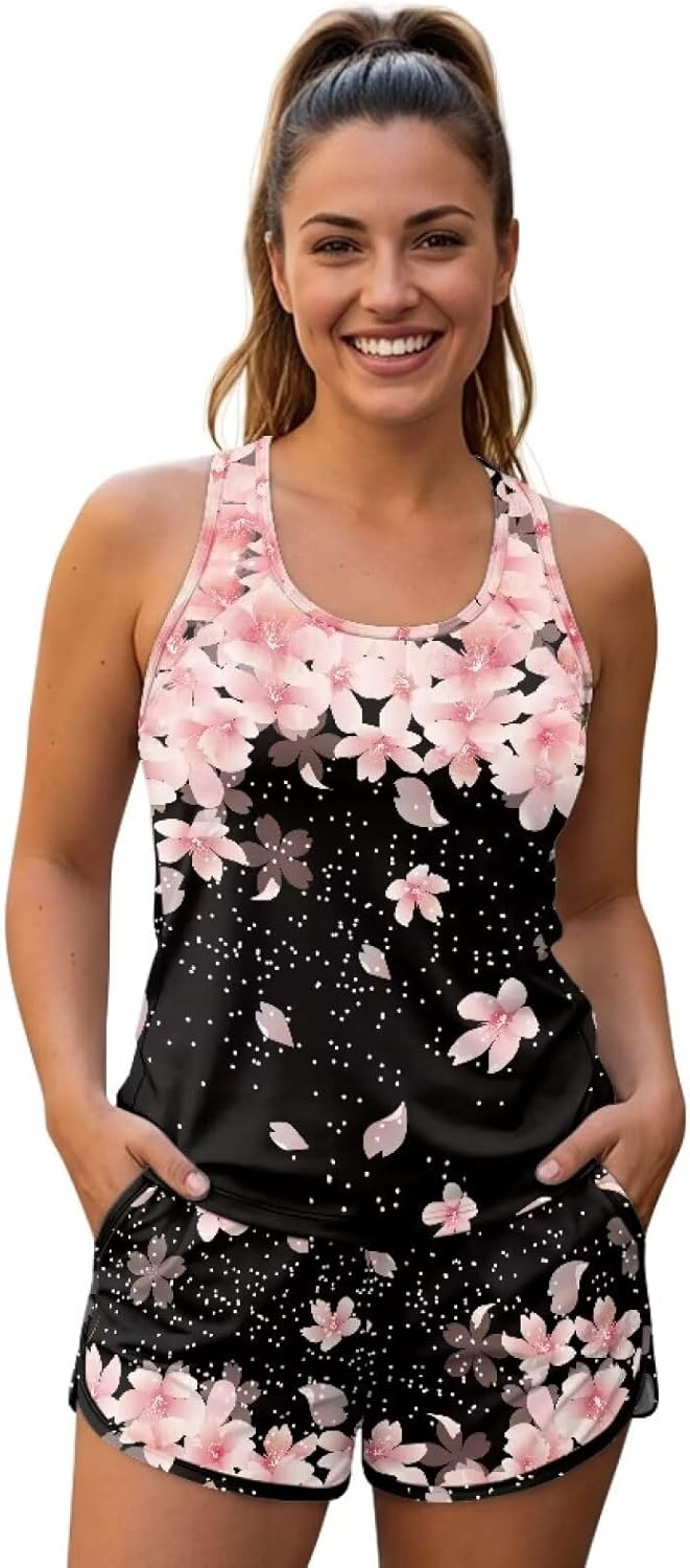 Tankini Swimsuits for Women Tummy Control Bathing Suit with Shorts Womens Two Piece Bathing Suits with Built in Bra