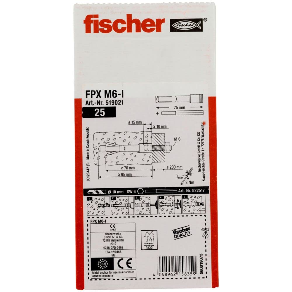 Tassello acciaio FPX M6 - I per calcestruzzo cellulare (25 Pz.)
