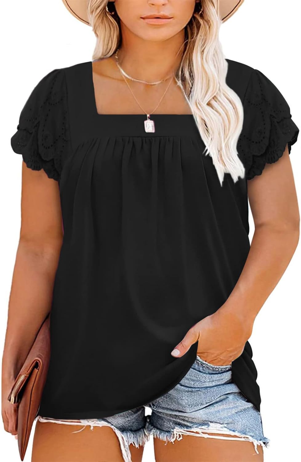 Eytino Womens Plus Size Summer Top Square Neck Ruffle Short Sleeve