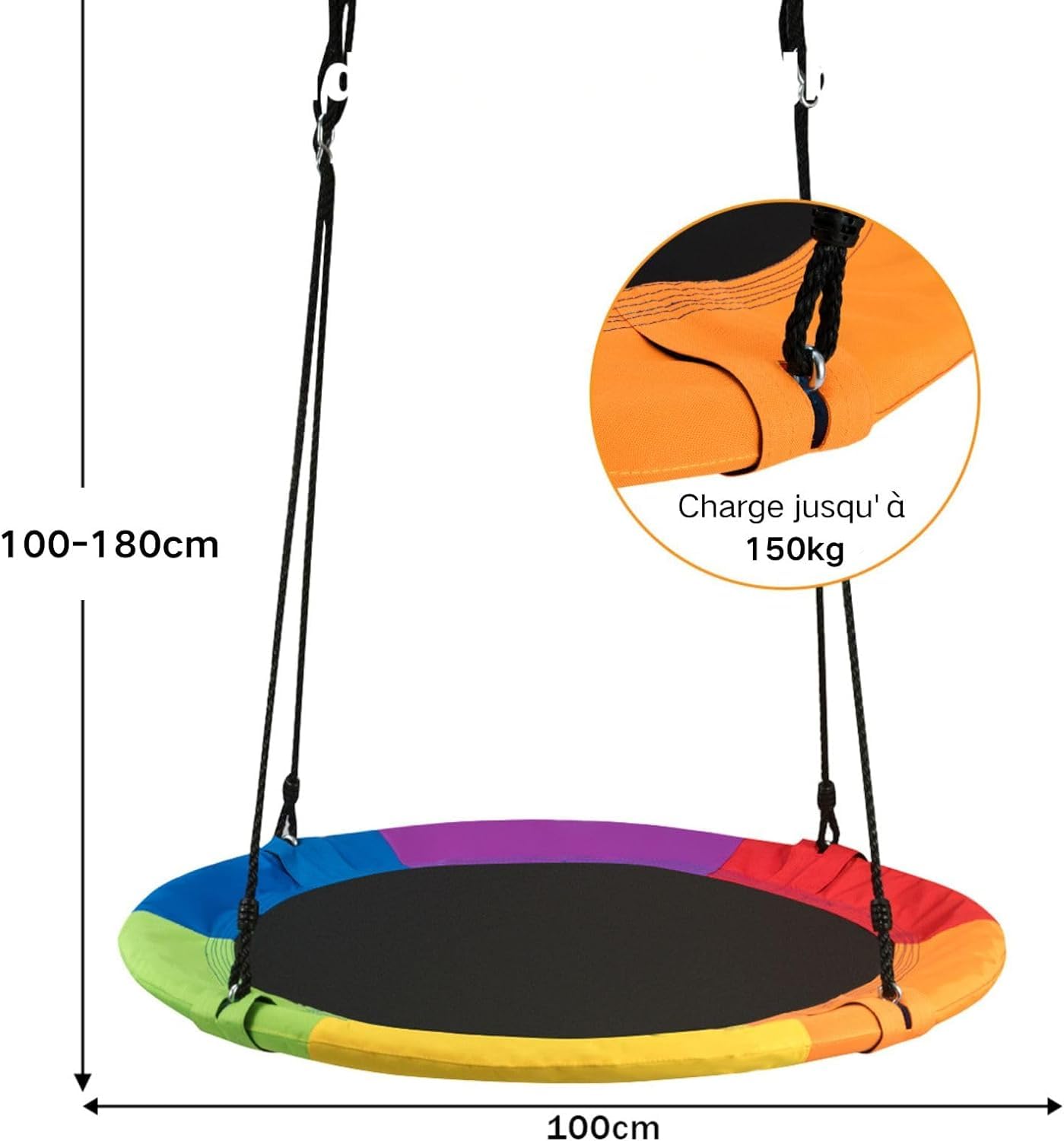 COSTWAY Balançoire Nid d'Oiseau Ø 100cm Enfants avec Cordes Réglables (100-180cm), Balançoire Soucoupe en Tissu Oxford Intérieur Extérieur, Charge 150kg pour Enfants et Adultes