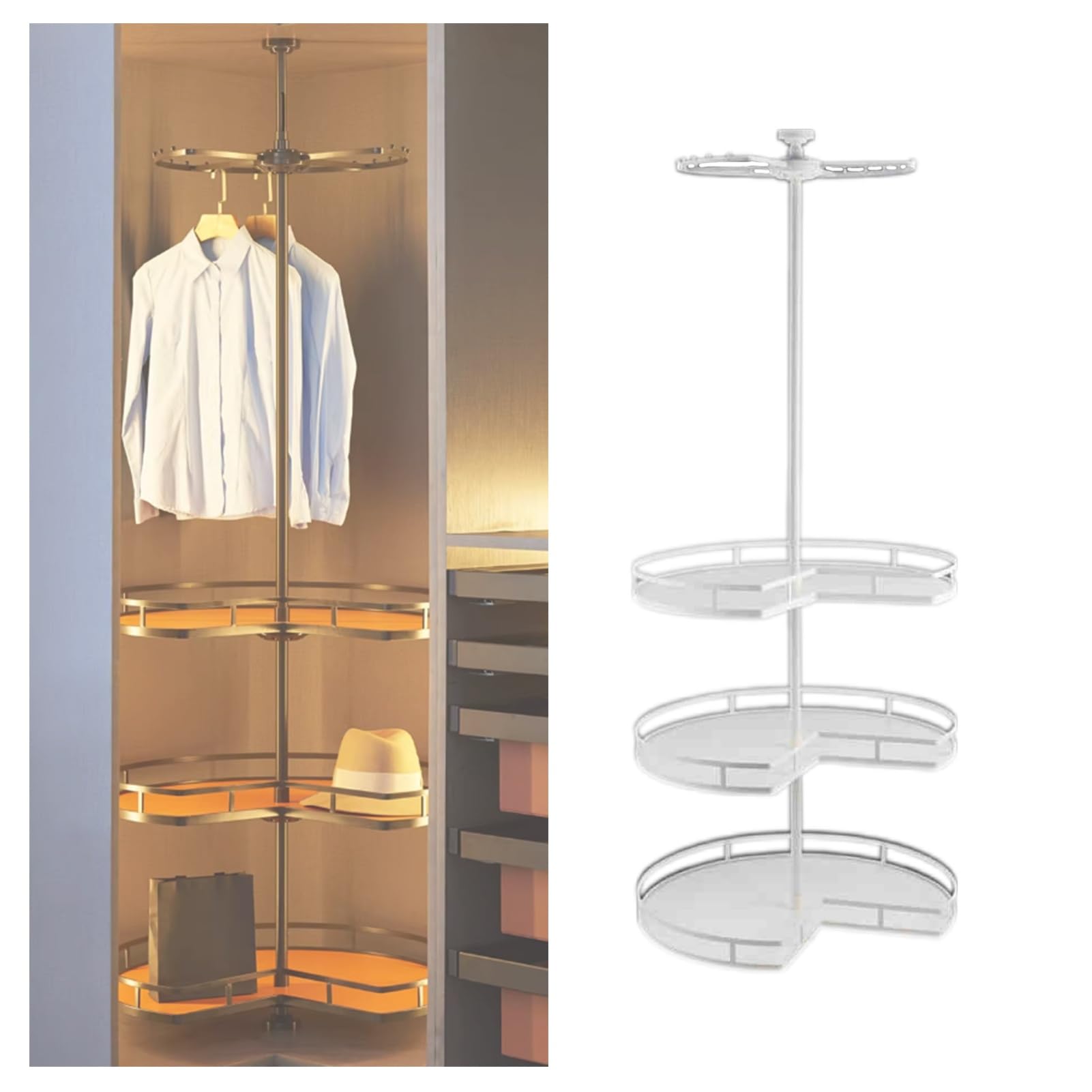 4-Tier Heavy Duty Round Closet Rod,360° Rotating,Cloakroom Corner Storage Organizer,60kg Load Capacity for Bedroom Living Rooms(White,1850-2100mm)
