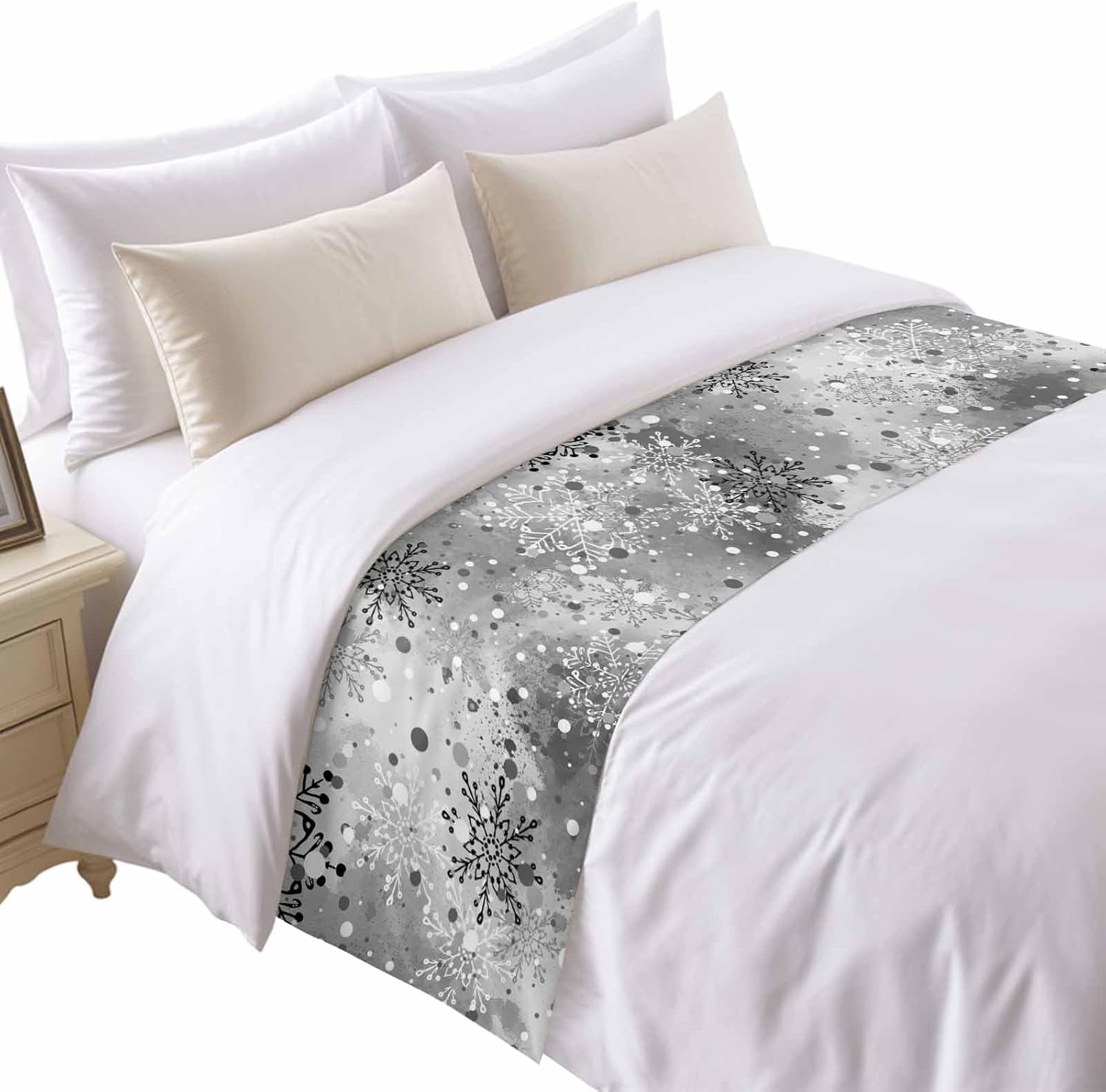 Winter Christmas Snowflake Bed Runners for Bedroom Hotel,Decorative Bedding Scarf Bling Grey and White Bed End Blanket Bedding Runner Scarves for Queen Size Bed,94x20in