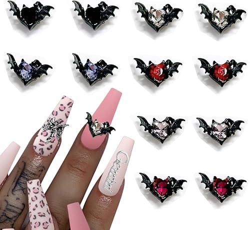 12 dijes de aleación en forma de corazón para uñas, 3D, diseño de alas de diablo, para Halloween, metal, vintage, diseño de diamantes de imitación,