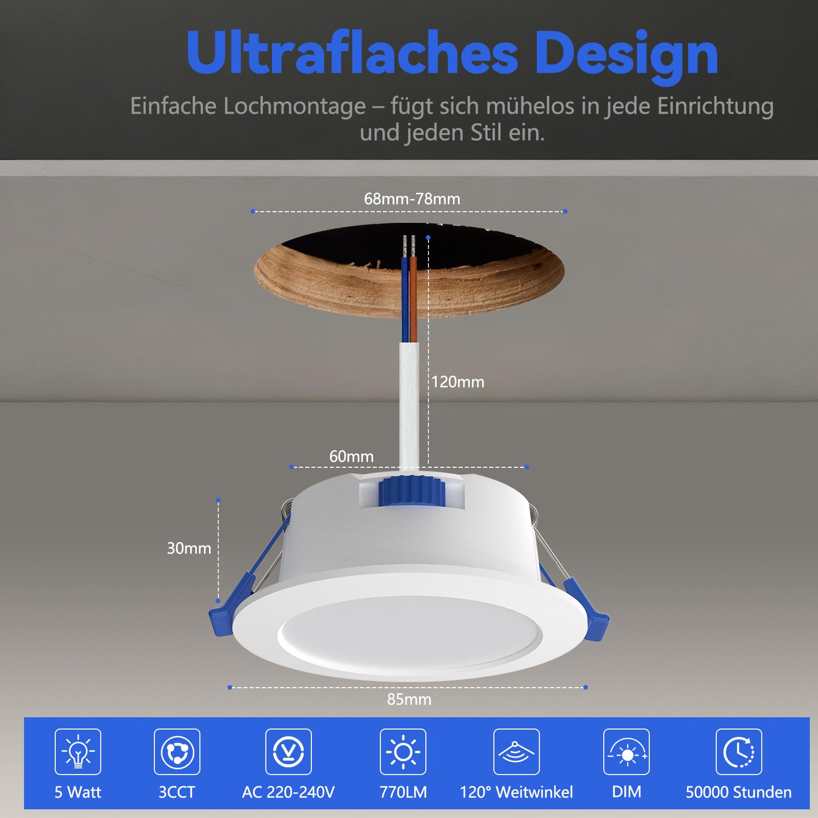 JESLED LED Einbaustrahler 230V Dimmbar, 5W 400LM LED Spot 68mm - 78mm Lochmaß, IP54 Einbauleuchten Für Badezimmer Küche Wohnzimmer, 3000K/4000K/6500K Einbauspots, Rund Weiss 6er Set