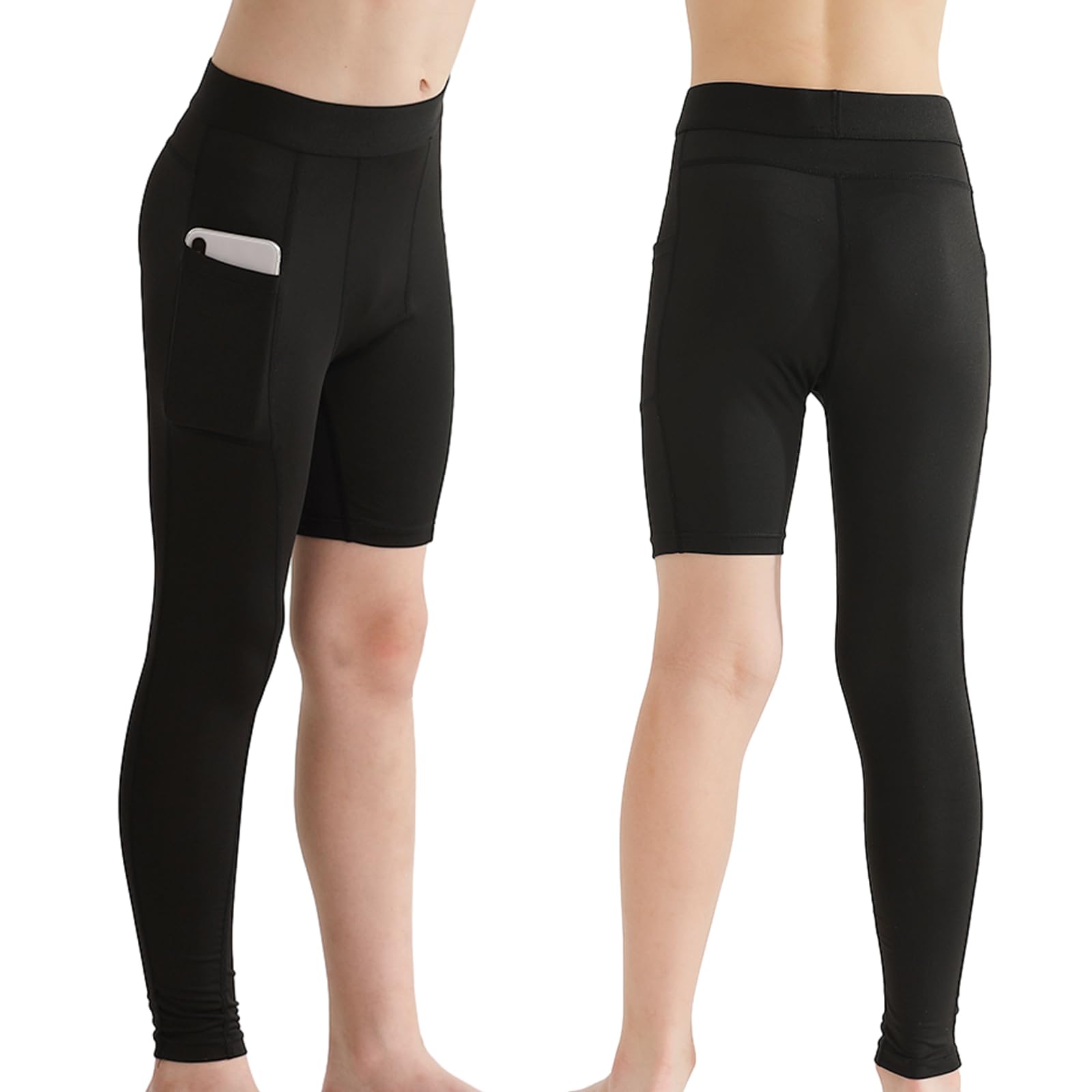 Valcatch 2 Pack Youth Boys One Leg Compression Pants for Basketball 3/4 Leggings with Pockets Sport Tights Base Layer