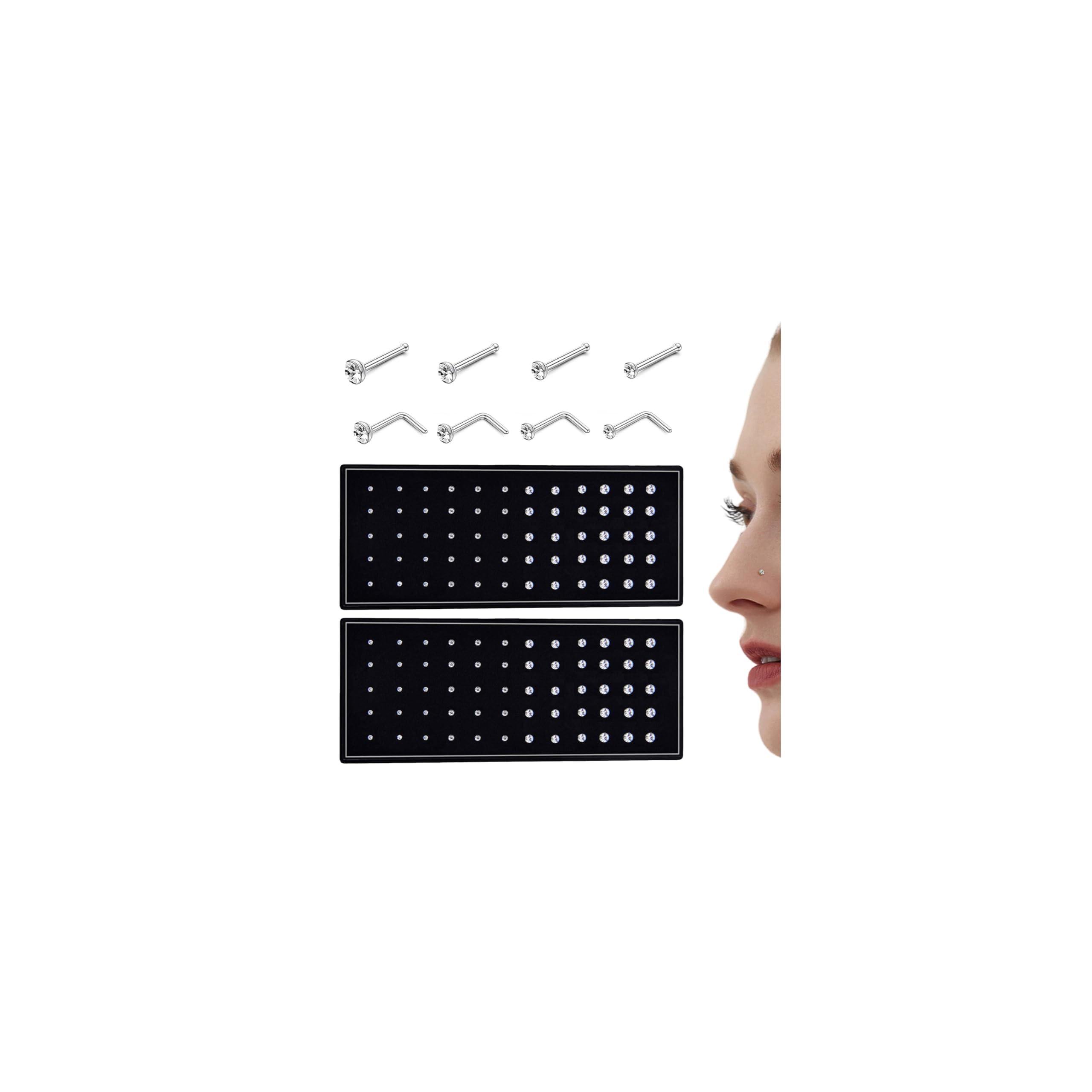 60-120pcs Nose Studs Nose Rings Piercing Pin Body Jewelry 20G-22G for Women Men Surgical Steel L Shaped Straight Nose Rings Pack Small Tiny Tragus Stud Nose Jewelry Flat Back 1.5mm 2mm 2.5mm