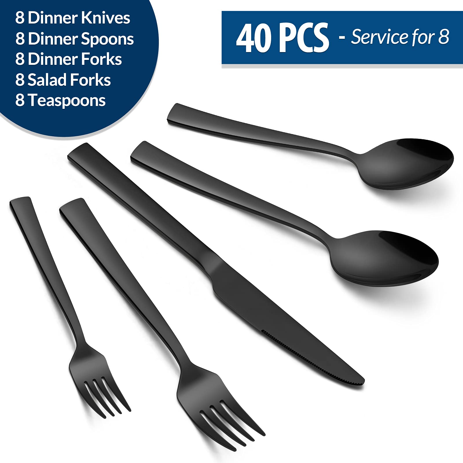 E-far Besteck-Set, 40-teilig, mattschwarz, Edelstahl, Besteck-Set für 8 Personen, Metall-Besteck, Essutensilien, Geschirr inklusive Gabeln, Löffel, Messer, quadratischer Rand