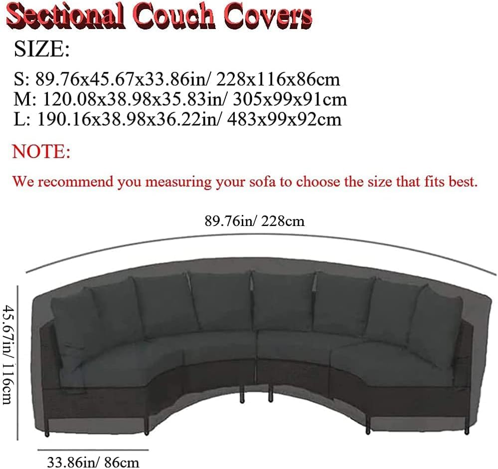 UCARE Curved Sofa Cover Outdoor Couch Sectional Protector Waterproof Half Moon Sofa Set Cover with Windproof Elastic Cord for Garden Lawn Indoor black (120x38.9x35.8in/305x99x91cm)