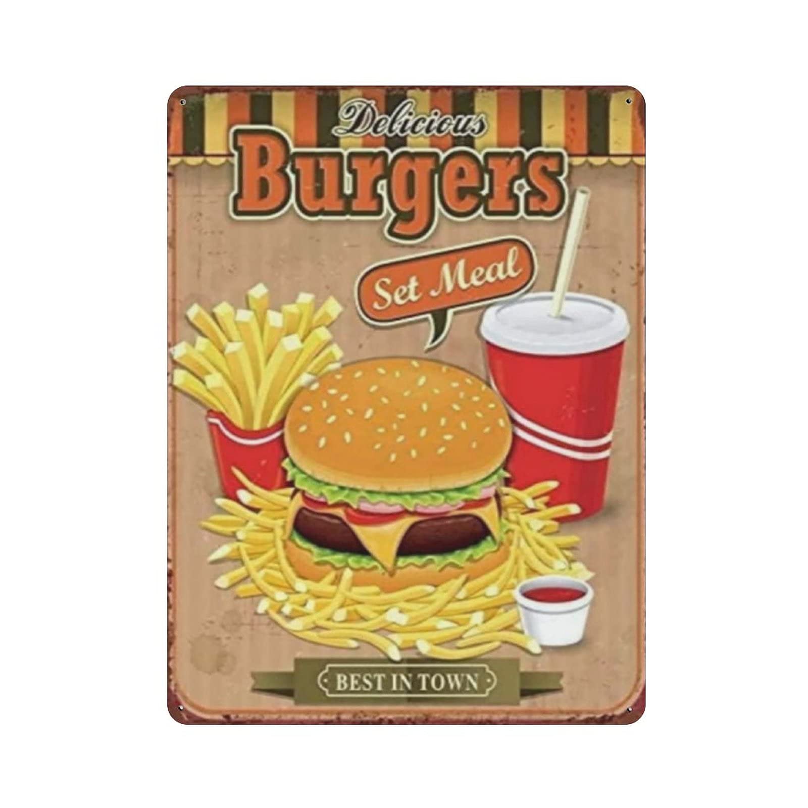 Metal Tin Sign Fast Food Burgers Food Vintage Tin Poster Metal Sign Wall Decoration Country Kitchen Home Garage Decor 16"x12"