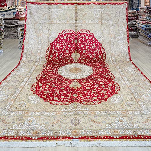 Yuchen Rug Silk Carpet 10x14 Red Handmade Traditional Medallion Vintage