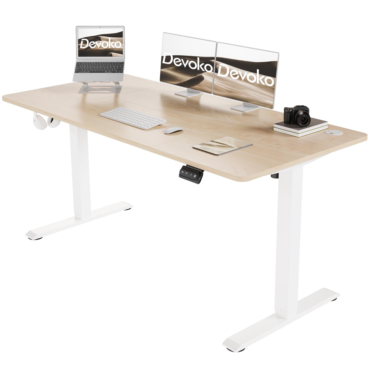 Devoko Escritorio Elevable Eléctrico 140 x 60cm,Escritorio Regulable en Altura con Gancho, 71-119 cm, 2 Opciones de Memoria Inteligente, Adecuado para Estudiar Trabajar（Beige）