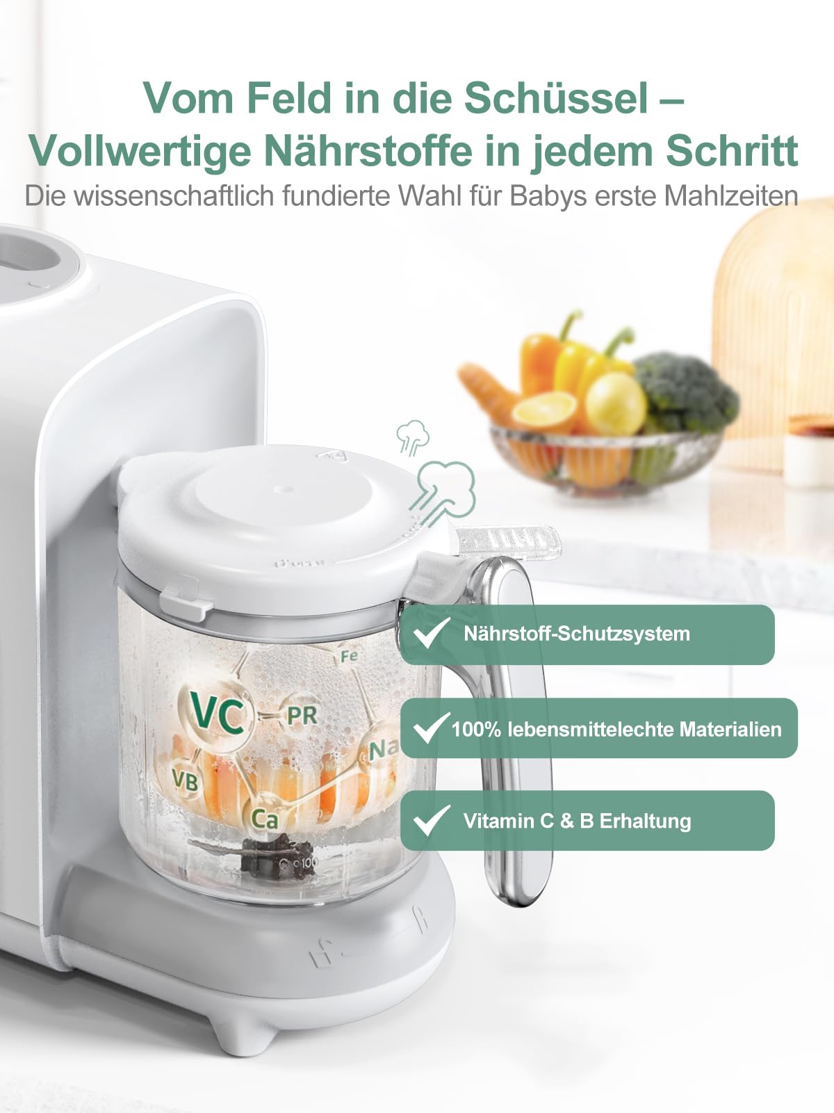 Babynahrungszubereiter 6-in-1, Dampfgarer Mixen mit Auftauen, Aufwärmen, Automatische Reinigungsfunktion, Babybrei Zubereiter Multifunktion, Baby Food Maker, Weiß
