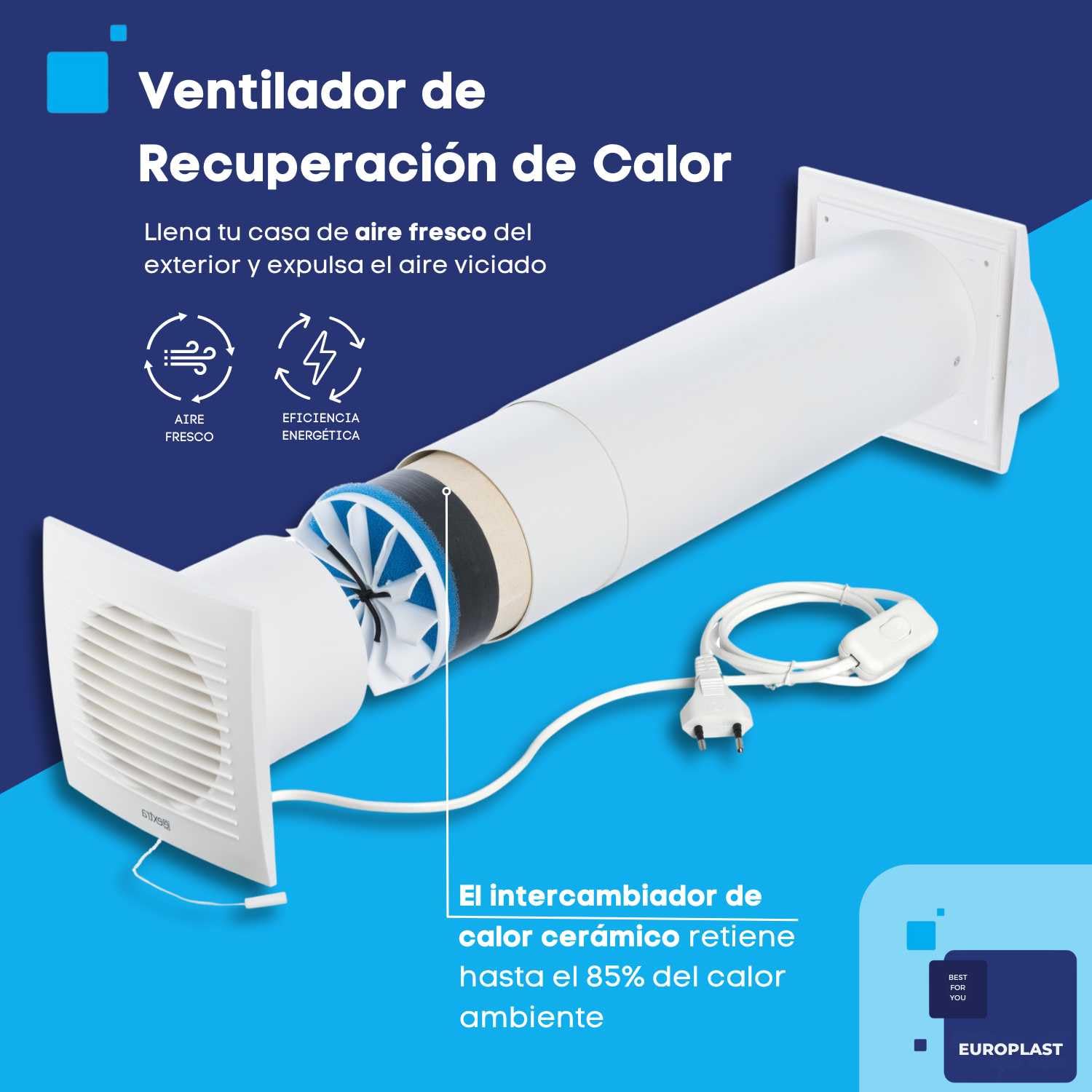 EUROPLAST Ø 100mm Recuperador de Calor con VMC Doble Flujo - Ventilación Forzada Extractor de Aire - Recuperador Calor Ventiladores Con Cable