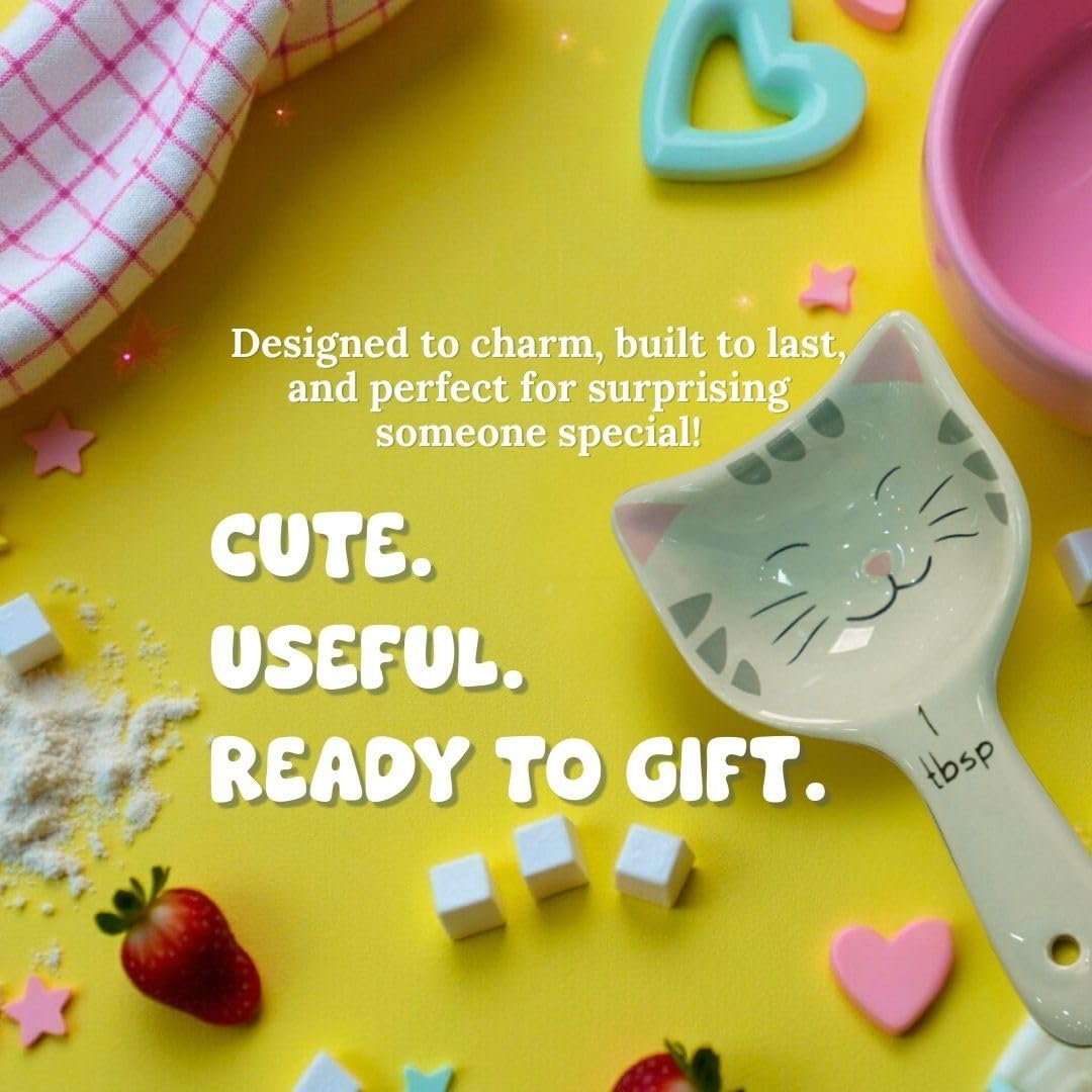 Cat Measuring Spoons - Cute Measuring Spoons Set w/Ribbon- Cat Kitchen Accessories for Cat Baking Supplies - Ceramic Measuring Spoons Set - Cat Themed Kitchen Items- Baking Gifts for Women (Set of 5)