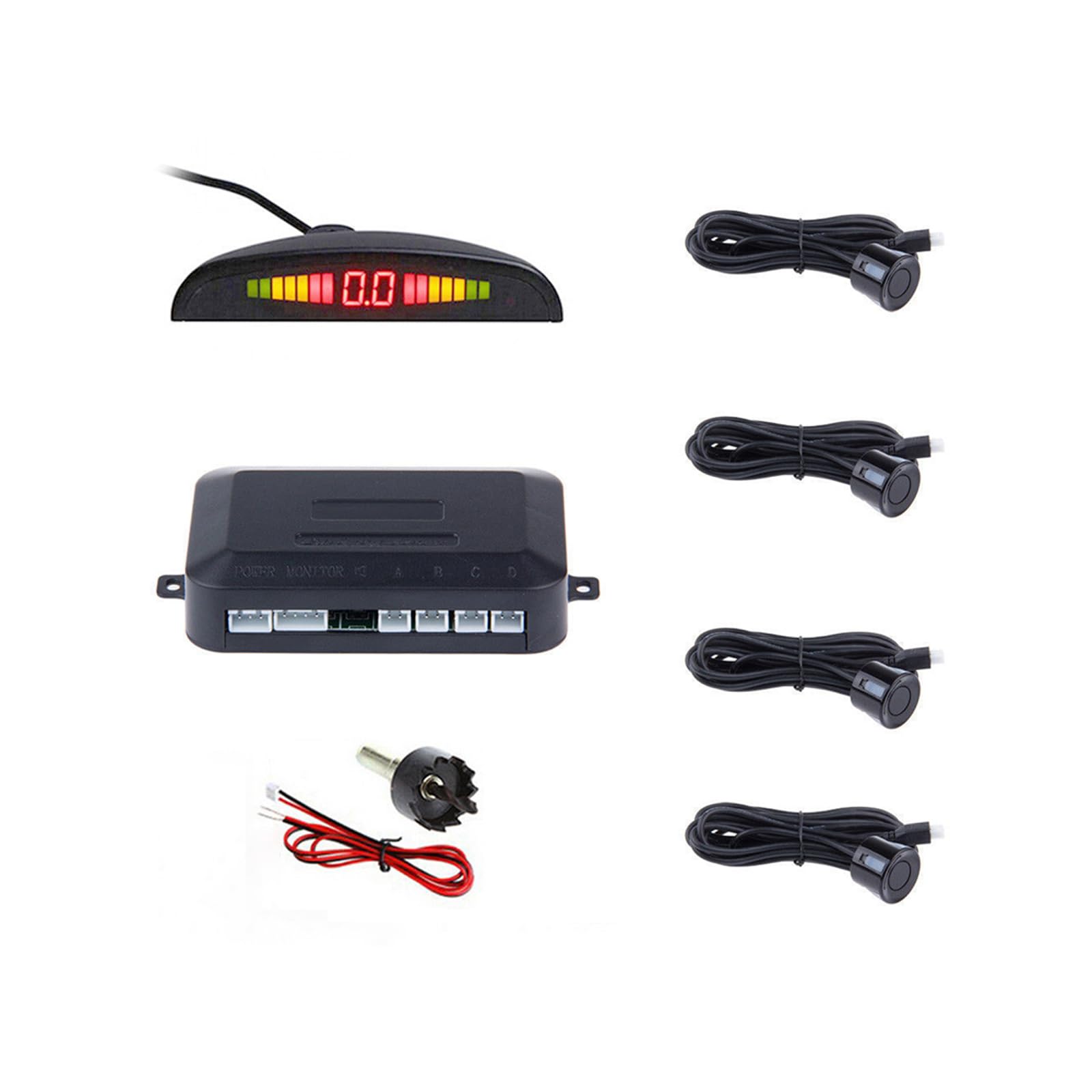 sensores aparcamiento coche, universal 4 sensores asistentes de aparcamiento con pantalla de color LED, kit de alarma de audio de marcha atrás (Negro Cable sensor de 6 m) Recycled Claim Standard Blended