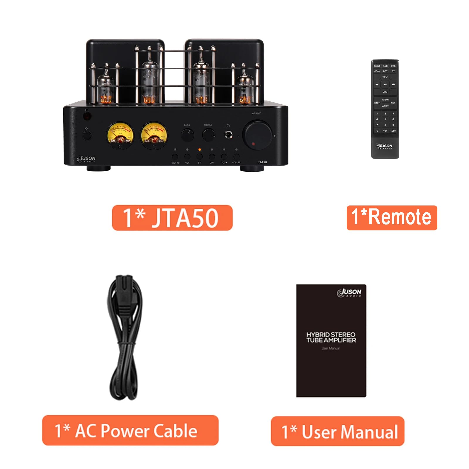 Juson Audio JTA50 Amplificador de Tubo de Nivel básico HiFi Amp con BT 5.0, Control Remoto, AUX, Coax, Phono y Entrada USB, Salida de subwoofer, 2.1 Canales para Tocadiscos