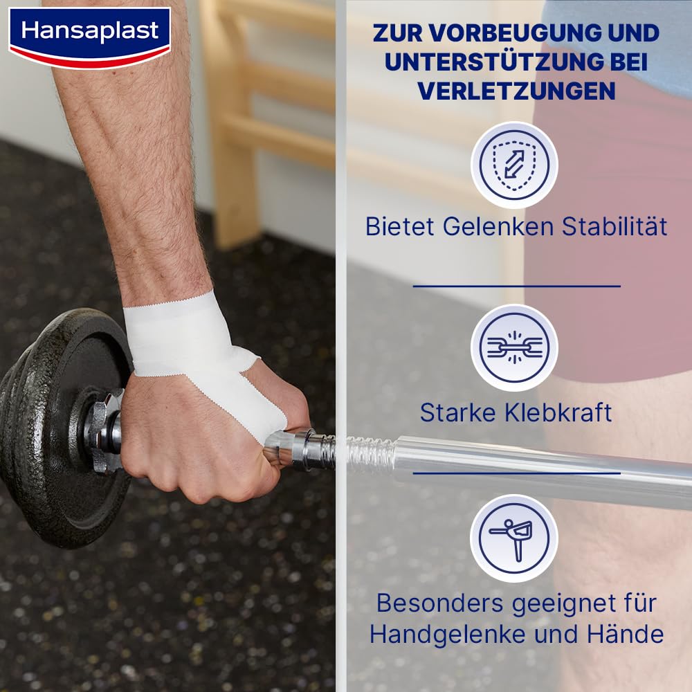 Hansaplast Wytrzymała taśma sportowa (3,8 cm x 10 m), mocna taśma klejąca zapobiega kontuzjom, bez lateksu taśma sportowa zapewnia wsparcie stawów, biała