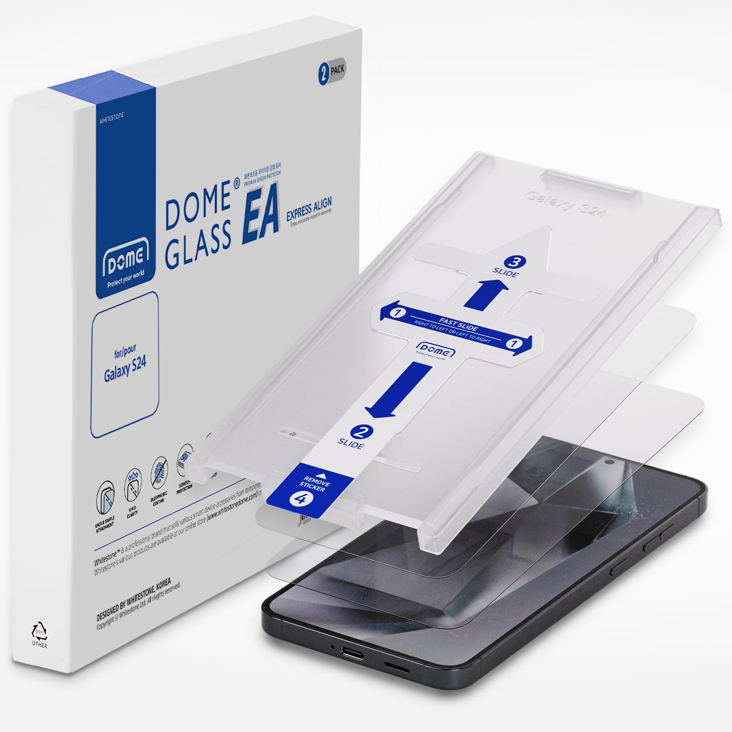 DOME GLASSWhitestone EA Glass Screen Protector compatible with Galaxy S24 Ultra [Easy Installation Kit, 9H Tempered Glass] - 2 Pack (S24)