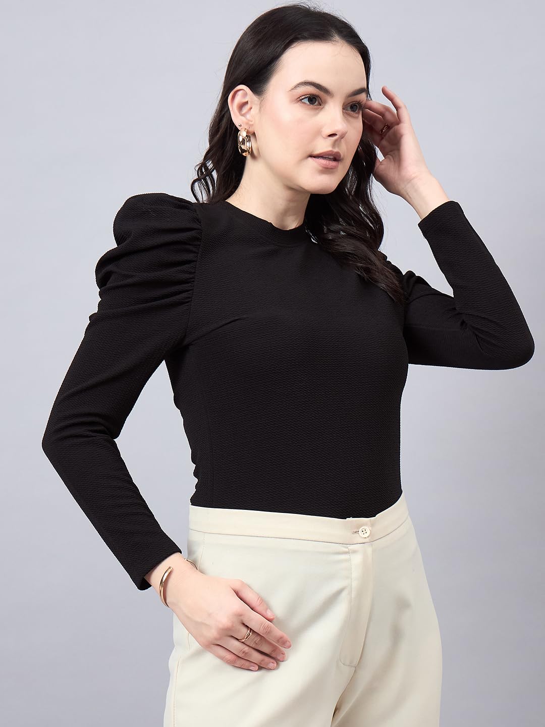 Style Quotient Women Black Texture Polyester Slim Fit Smart Casual Puff Full Sleeve Top - Image 3 thumbnail