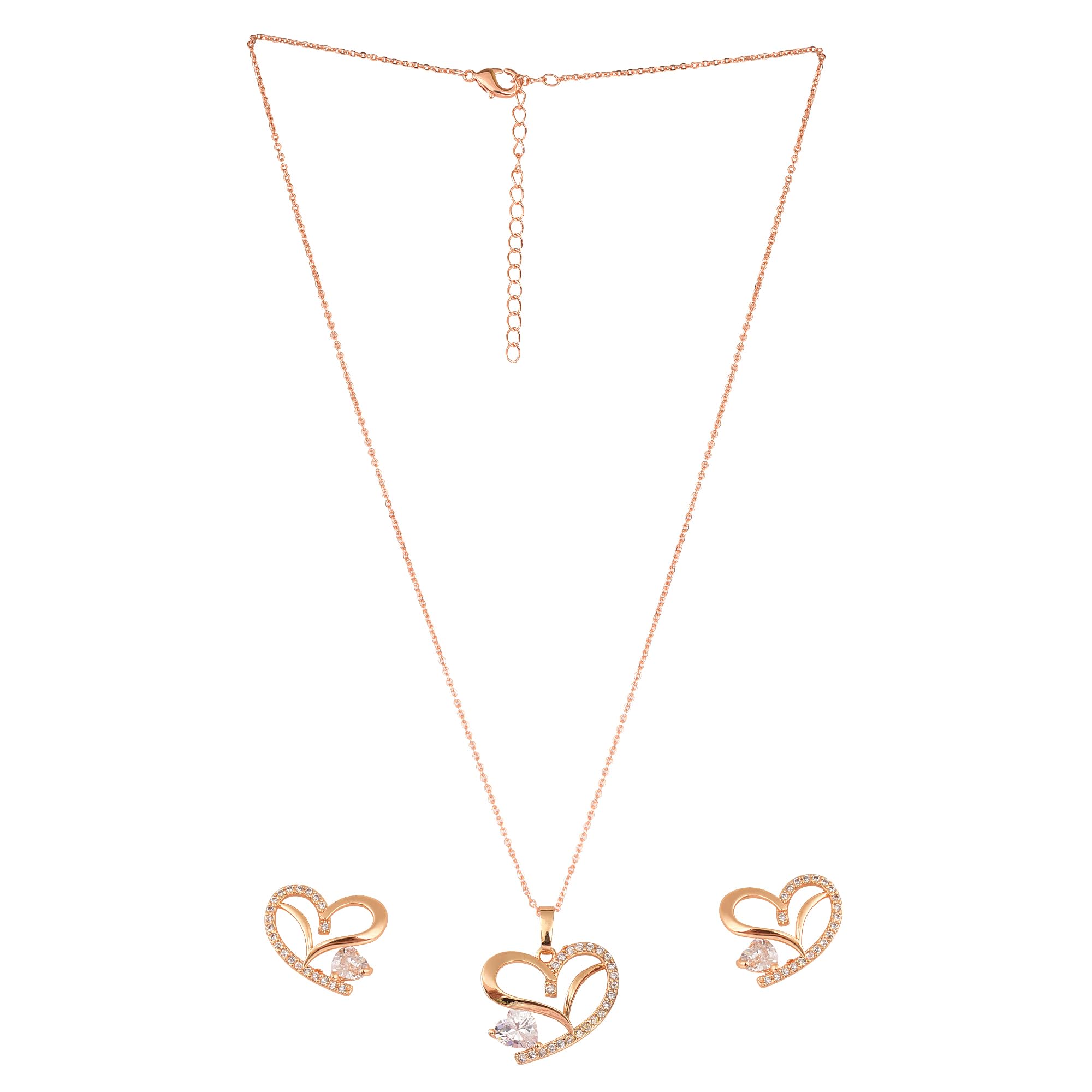 Stylish 18k Rose Gold Plated American Diamond Chain Pendent Necklace & Earrings Set for Women & Girls, Luxury AD Pendant Gift Set for Women, Girls & Her