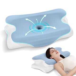 Cervical Neck Pillows for Neck and Shoulder Pain Relief, Contour Memory Foam Pillow with Cooling Silk Case, Sleeping Cooling Neck Support Pillow, Back & Stomach Sleepers, White & Blue - Amazon product rated Grade A