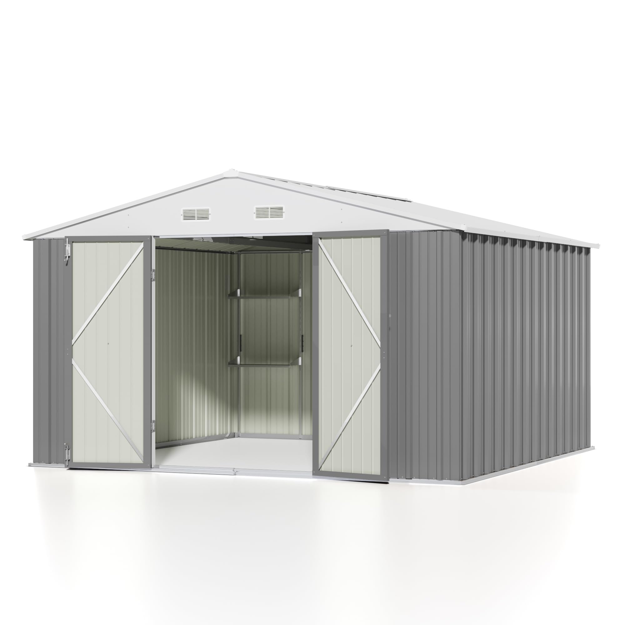 Patiowell 10 x 10 FT Metal Outdoor Storage Shed with Detachable Storage Shelves, Large Steel Utility Tool Shed Storage House with Lockable Door, Garden Tool Shed for Backyard Garden Patio Lawn,Brown