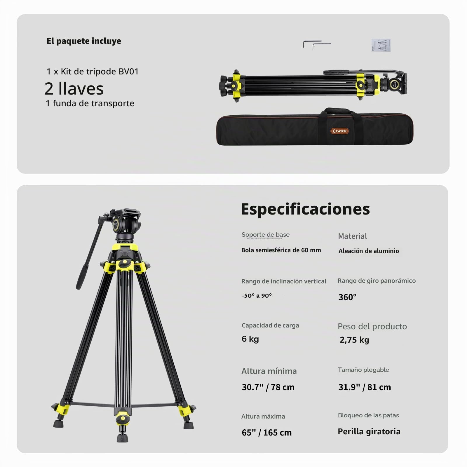 Cayer BV01 Trípode de Video Compacto con Cabeza Fluida Robusto de 165 cm con Cabeza de 360°, Trípode de Viaje Ligero de Aluminio con Placa QR, Carga Máx. 6 kg para DSLR, Videocámaras, Cámaras