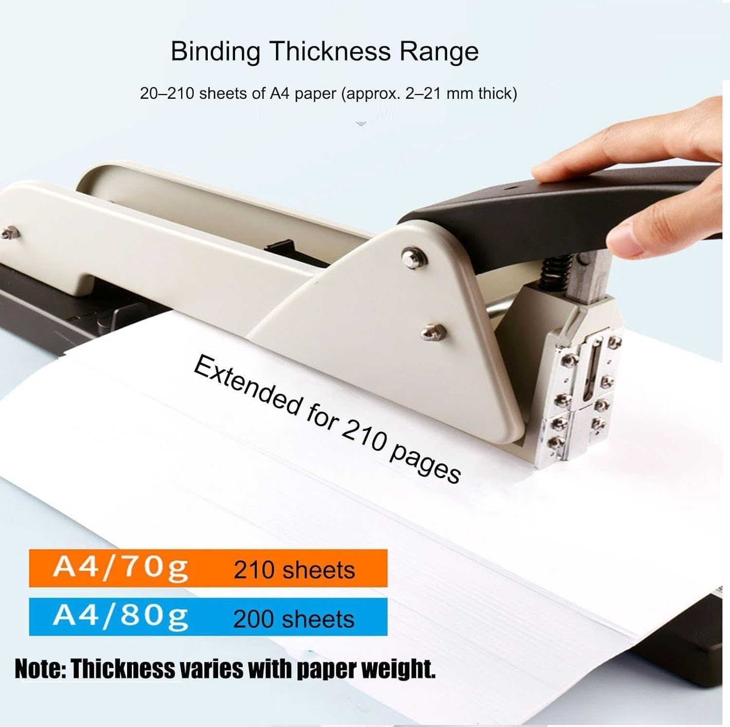 Grapadora escritorio largo alcance, brazo 250mm largo, guía papel ajustable | Capacidad encuadernación de 210 hojas, diseño encuadernación ergonómico, for folletos y documentos papel oficina.