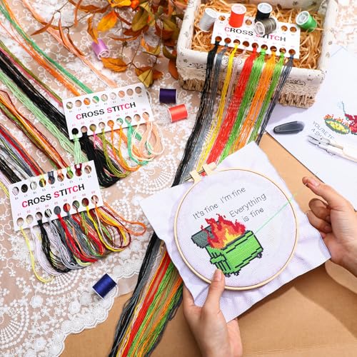 Image of Daifunli 3 Sets Funny DIY Embroidery Kits for Beginners Adults, Stamped Handmade Cross Stitch Starter with Animal It's Fine Patterns Needlepoint Kit with 3 Embroidery Hoop, Color Threads, Tools