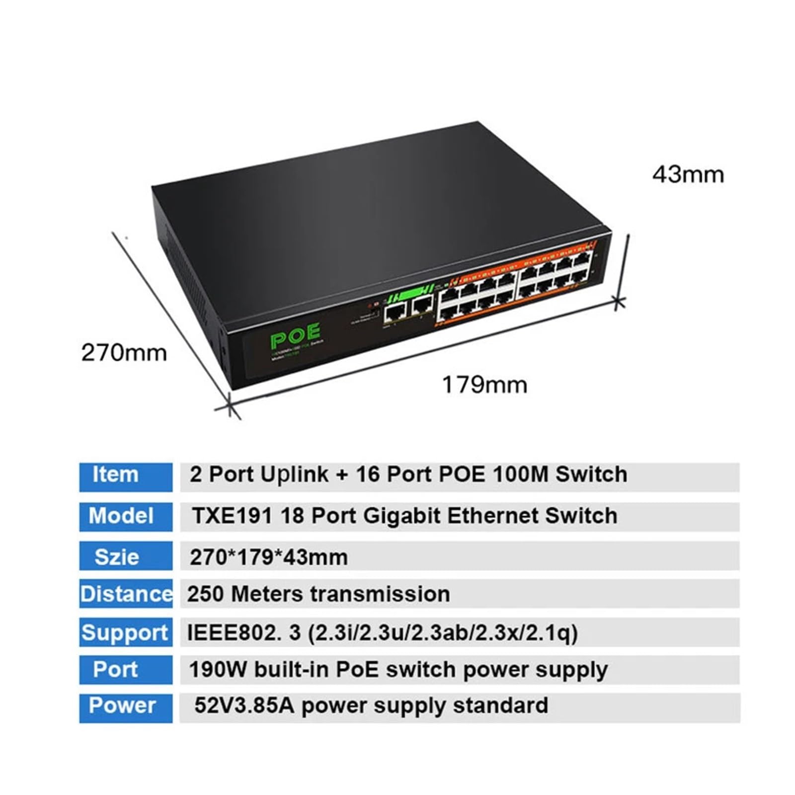Conmutador de Red de 19 Puertos Puerto PoE de 16 * 100 Mbps + 2 Puertos de Enlace Ascendente de 1000 Mbps + 1 Puerto SFP de 1000 Mbps 48 V