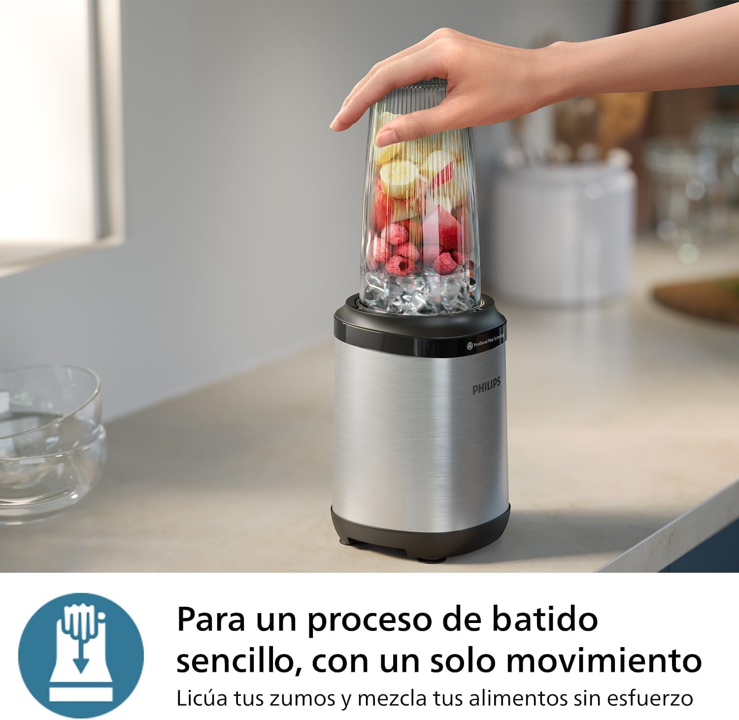 Philips Blender Serie 5000, Batidora Personal, Apta para Lavavajillas, Tecnología ProBlend Plus, Vaso de Tritan de 700 ml, Aplicación de Recetas HomeID, Plata/Metal (HR2764/00)