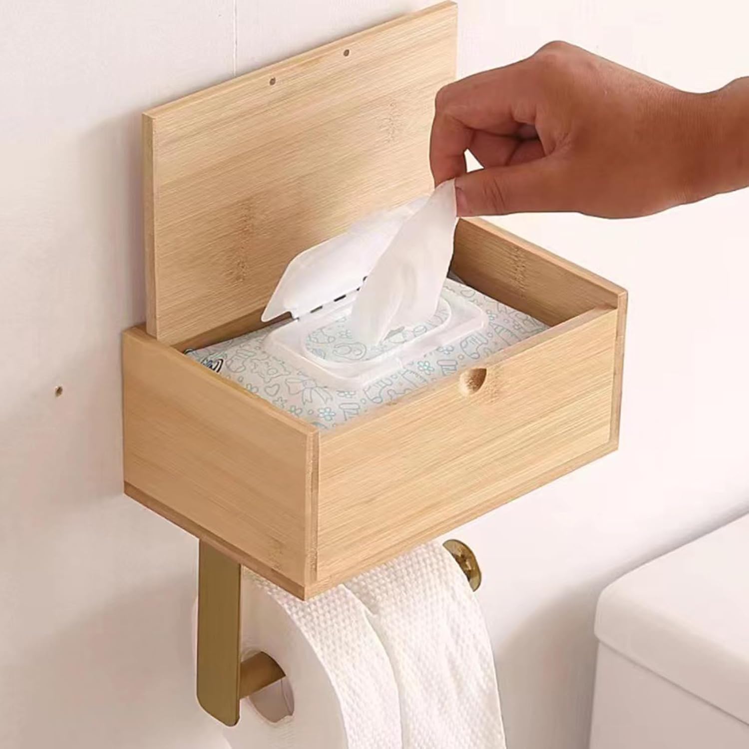 Wood Toilet Paper Holder with Shelf Storage, Wooden Wall Mount Toilet Paper Holder, Self-Adhesive Tissue Roll Holder with Flushable Wet Wipes Dispenser