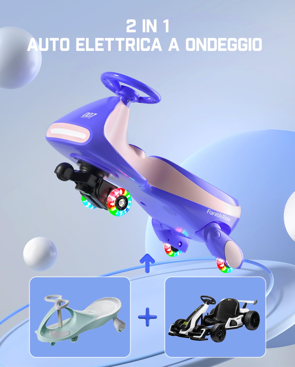 FanttikRide 12V N7 Pro Macchina Elettrica per Bambini, Batteria Ricaricabile, Auto Oscillante 2 in 1, 2 Velocità, Antiribaltamento, Ruote Lampeggianti, Bluetooth, per Bambini da 3 Anni in Su, 68 kg