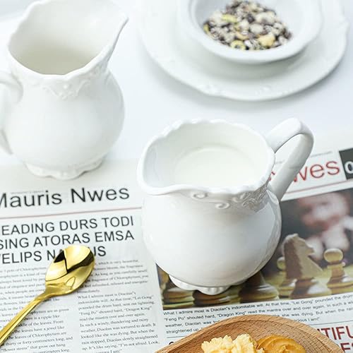 Miniatura 3 de Crema de cerámica blanca pura vintage con asa, jarra de crema de leche de café de 6 onzas.