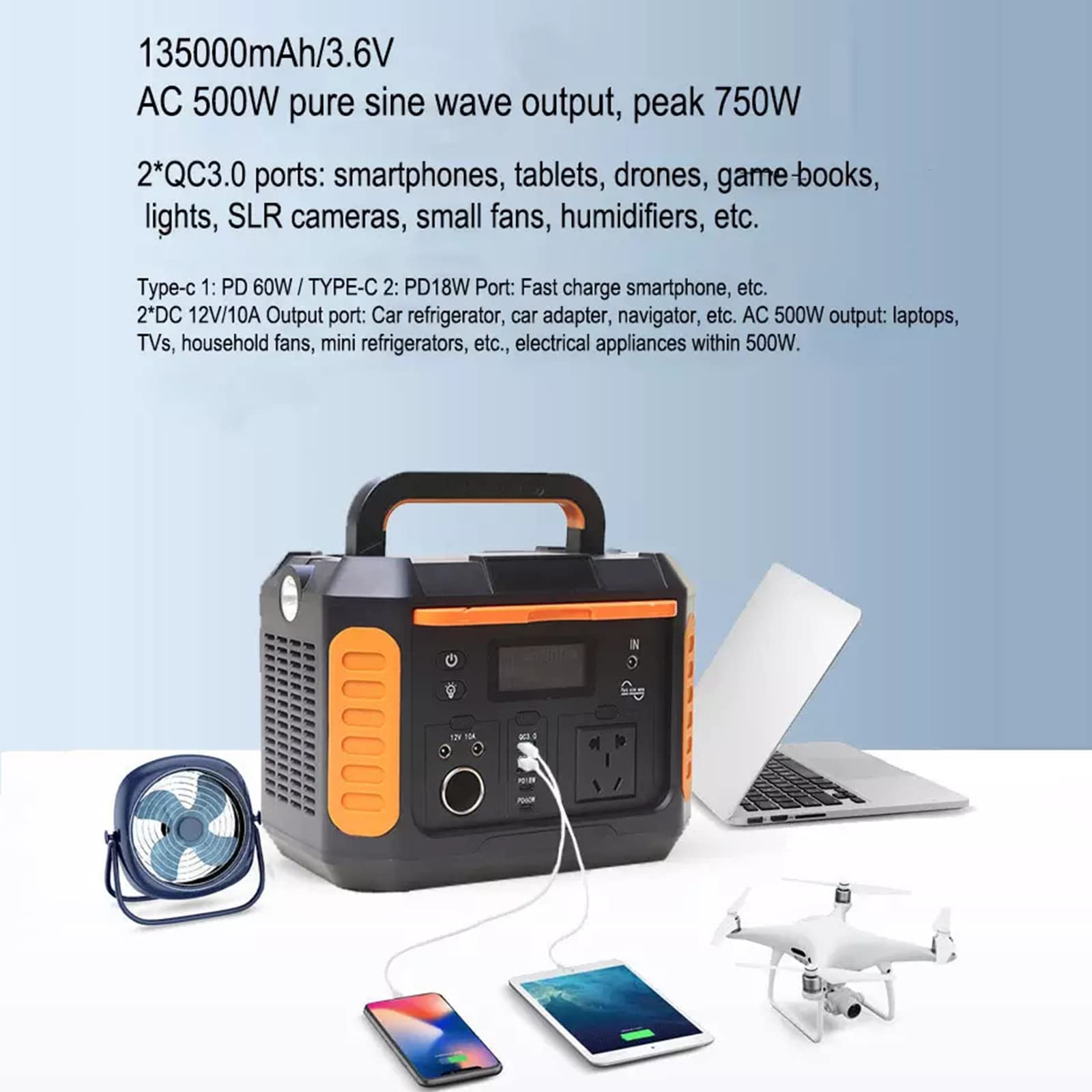 Station d'alimentation portable 500 W 550 Wh Alimentation d'urgence extérieure portable avec prise CA à onde sinusoïdale pure pour camping en plein air, voyage, chasse, batterie de secours d'urgence