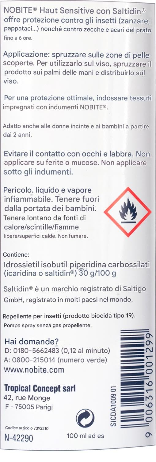 NOBITE Pelle Sensibile 3x100ml – Spray Antizanzare Bambini Icaridina 30%