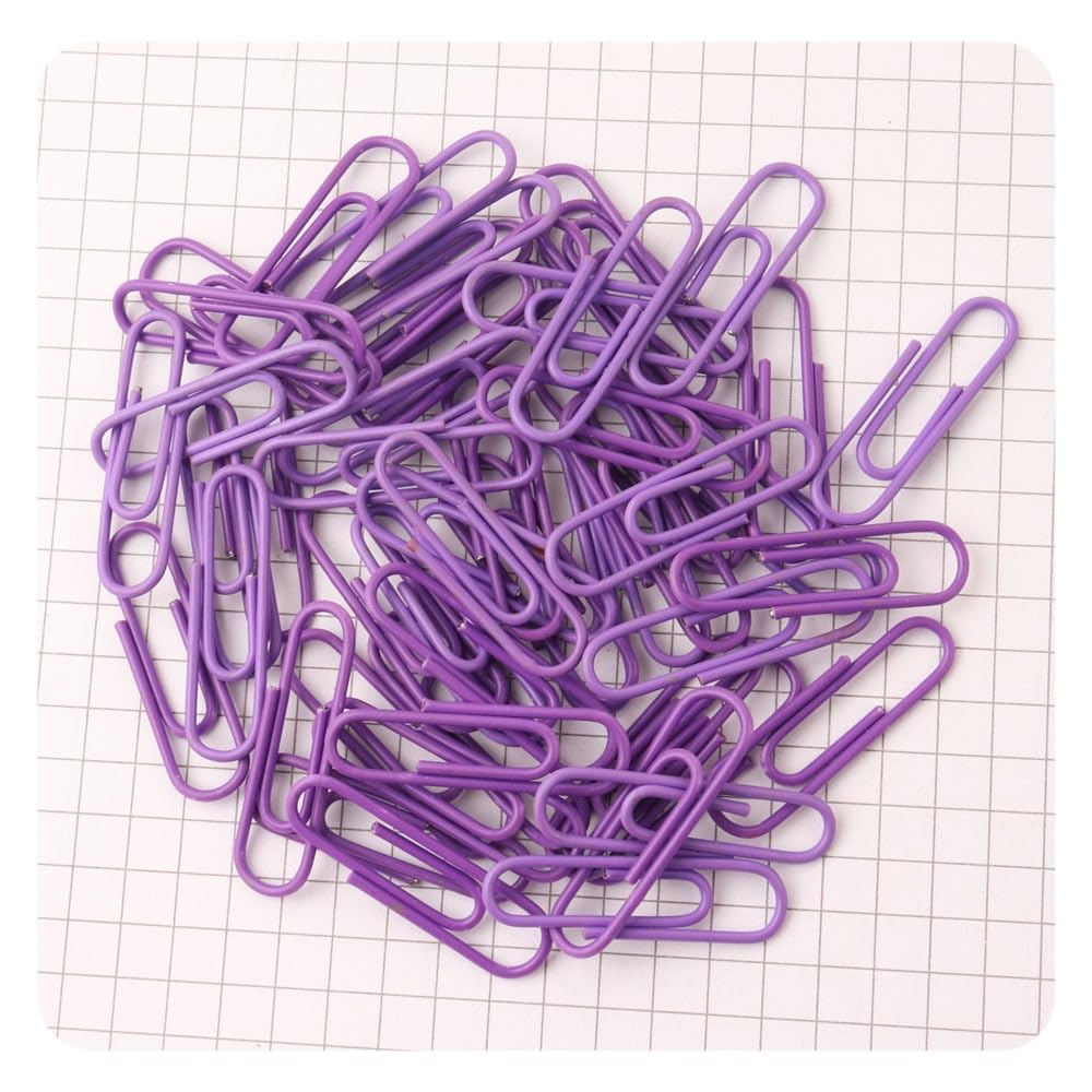 Hrlace Pack of 100 Coloured Metal Paper Clips, 28 mm, Plastic Coated, Durable and Rust-Resistant for School and Office Supplies, Purple
