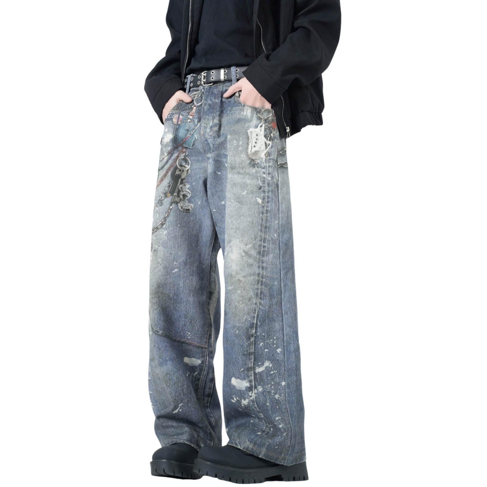 Generico Jeans Uomo Baggy Balloon Moto Strappati Fit Slim Pantaloni Flared Loose Elefante Larghi Invernali Jins Y2K Salopette Zampa Bootcut